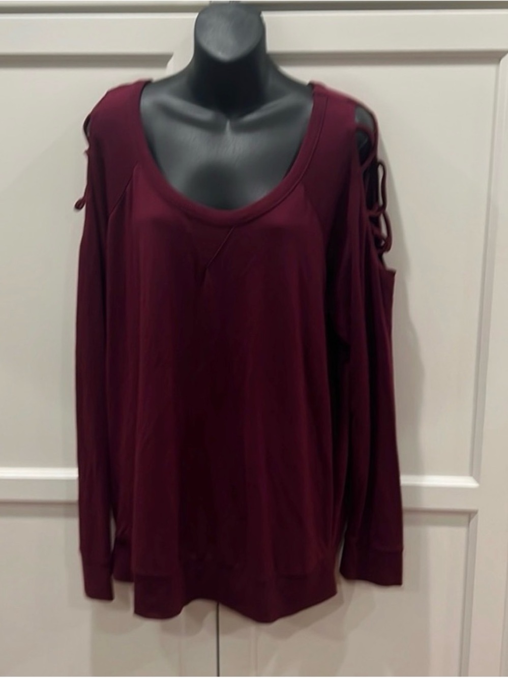 torrid Burgundy Cold-Shoulder Long Sleeve Top with Lace-Up Detail
